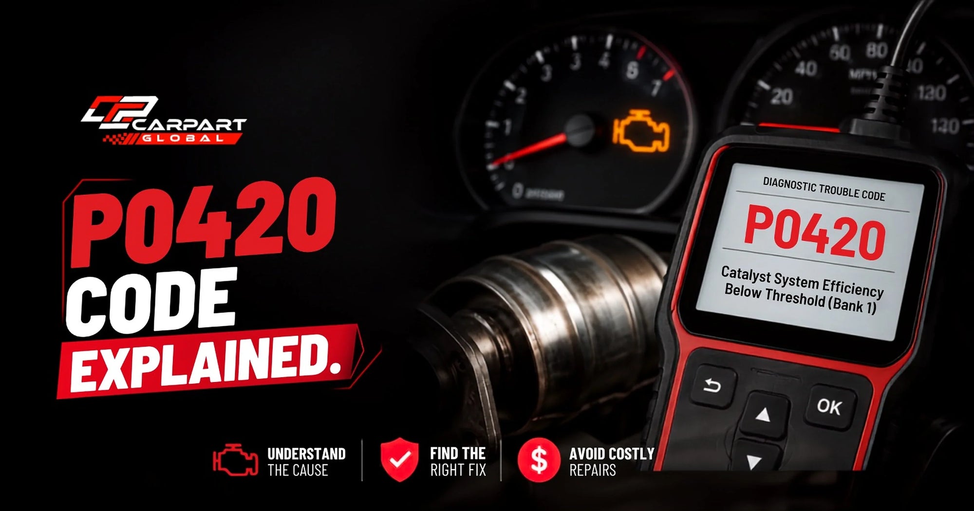 P0420 Code Explained banner: a check-engine light on the dash and a scan tool reading P0420