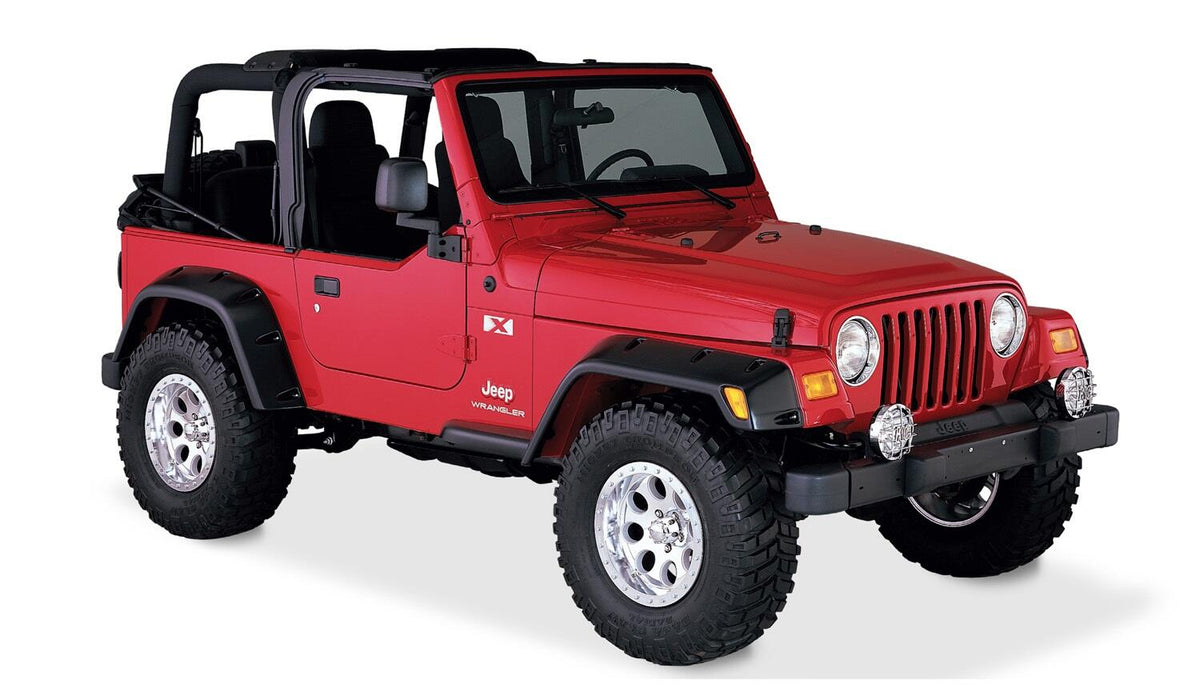 Bushwacker 10908-07 - Black Pocket/Rivet Style Textured Finish 4-Piece Fender Flare Set Maximum Flare Coverage For 1997-2006 Jeep Wrangler TJ Bushwacker 4