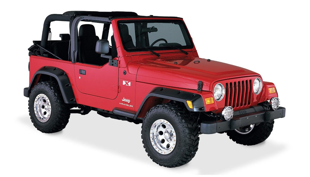 Bushwacker 10917-07 - Black Pocket/Rivet Style Textured Finish 4-Piece Fender Flare Set Standard Flare Coverage For 1997-2006 Jeep Wrangler TJ Bushwacker 4