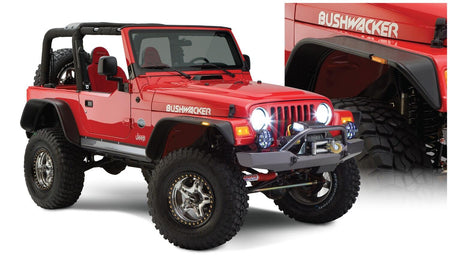 Bushwacker 10920-07 - Black Jeep Flat Style Textured Finish 4-Piece Fender Flare Set For 1997-2006 Jeep Wrangler TJ Bushwacker 1