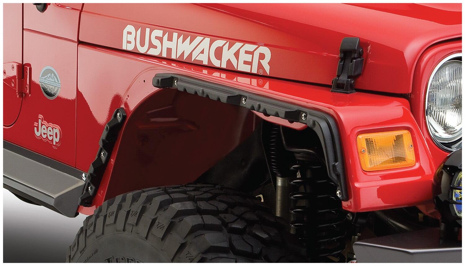 Bushwacker 10920-07 - Black Jeep Flat Style Textured Finish 4-Piece Fender Flare Set For 1997-2006 Jeep Wrangler TJ Bushwacker 4