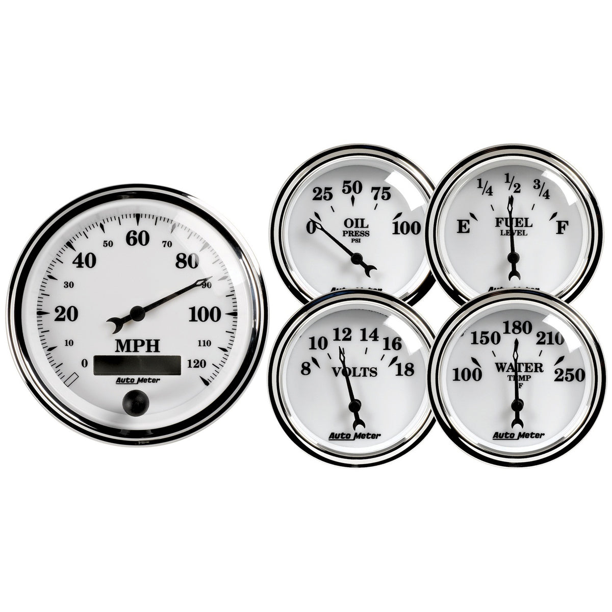 AutoMeter 1200 - GAUGE KIT, 5 PC., 3 3/8" & 2 1/16", ELEC. SPEEDOMETER, OLD TYME WHITE II 3