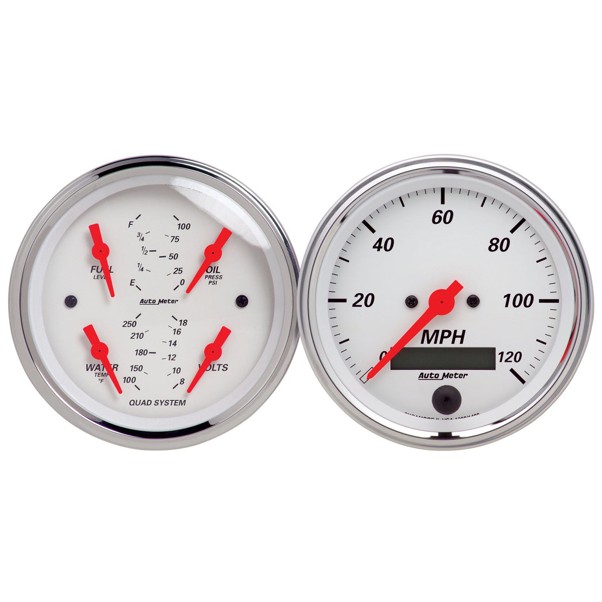 AutoMeter 1308 - GAUGE KIT, 2 PC., QUAD & SPEEDOMETER, 3 3/8", ARCTIC WHITE 3