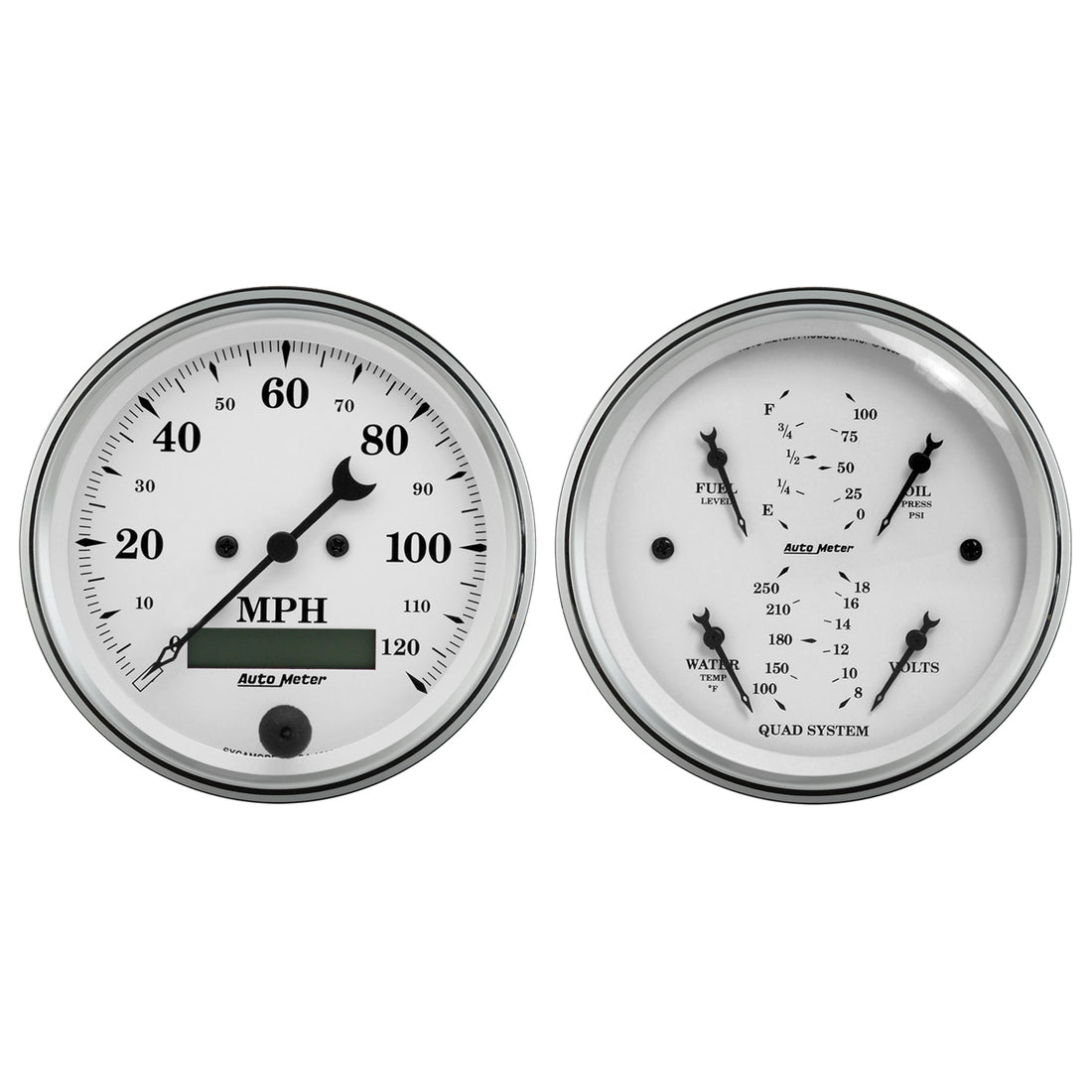 AutoMeter 1600 - GAUGE KIT, 2 PC., QUAD & SPEEDOMETER, 3 3/8", OLD TYME WHITE 3
