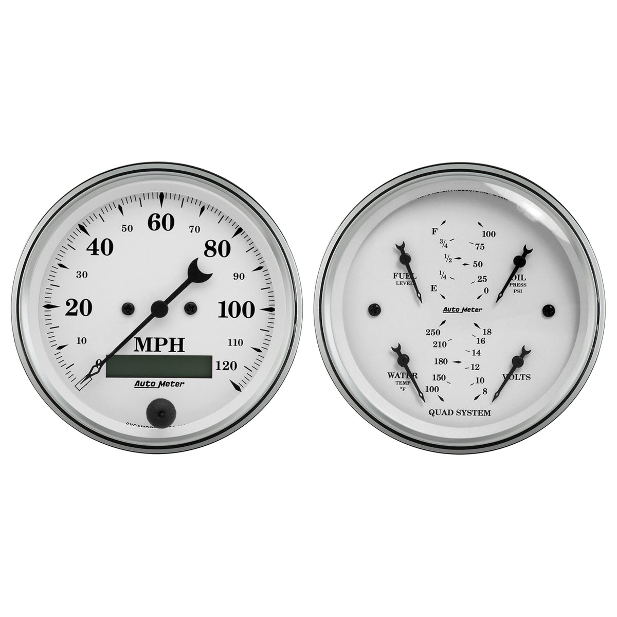 AutoMeter 1600 - GAUGE KIT, 2 PC., QUAD & SPEEDOMETER, 3 3/8", OLD TYME WHITE 3