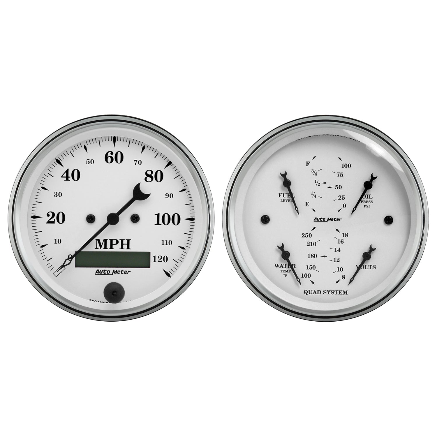 AutoMeter 1600 - GAUGE KIT, 2 PC., QUAD & SPEEDOMETER, 3 3/8", OLD TYME WHITE 3