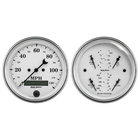 AutoMeter 1600 - GAUGE KIT, 2 PC., QUAD & SPEEDOMETER, 3 3/8", OLD TYME WHITE 3