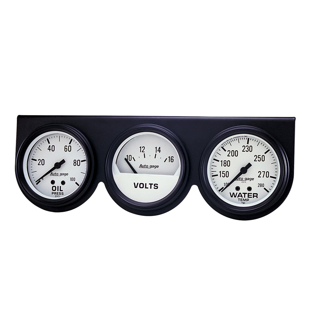 AutoMeter 2328 - GAUGE CONSOLE, OILP/WTMP/VOLT, 2 5/8", 100PSI/280?F/16V, WHT DIAL, BLK BZL, AG 3