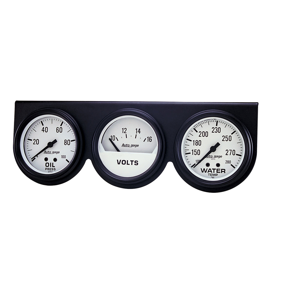 AutoMeter 2328 - GAUGE CONSOLE, OILP/WTMP/VOLT, 2 5/8", 100PSI/280?F/16V, WHT DIAL, BLK BZL, AG 3