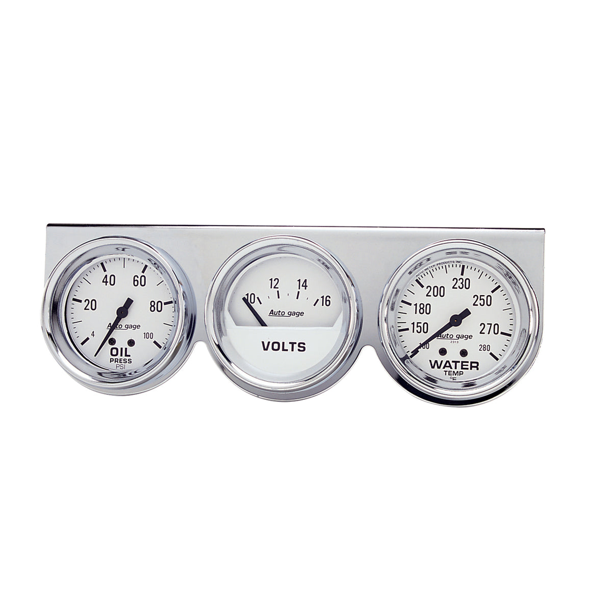 AutoMeter 2329 - GAUGE CONSOLE, OILP/WTMP/VOLT, 2 5/8", 100PSI/280?F/16V, WHT DIAL, CHRME BZL, AG 3