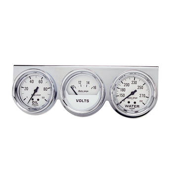 AutoMeter 2329 - GAUGE CONSOLE, OILP/WTMP/VOLT, 2 5/8", 100PSI/280?F/16V, WHT DIAL, CHRME BZL, AG 3