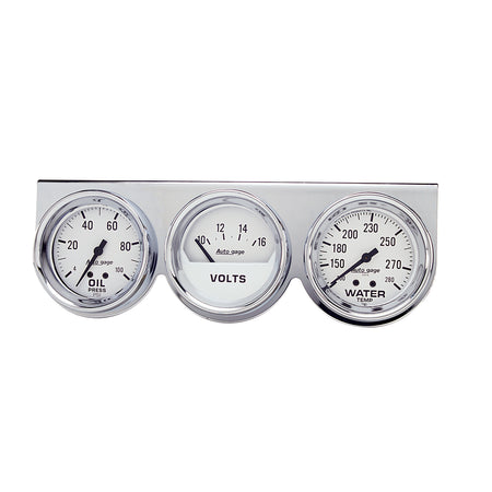 AutoMeter 2329 - GAUGE CONSOLE, OILP/WTMP/VOLT, 2 5/8", 100PSI/280?F/16V, WHT DIAL, CHRME BZL, AG 3
