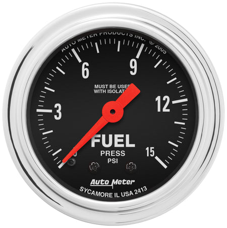 AutoMeter 2413 - GAUGE, FUEL PRESSURE, 2 1/16", 15PSI, MECH. W/ISOLATOR, TRADITIONAL CHROME 1