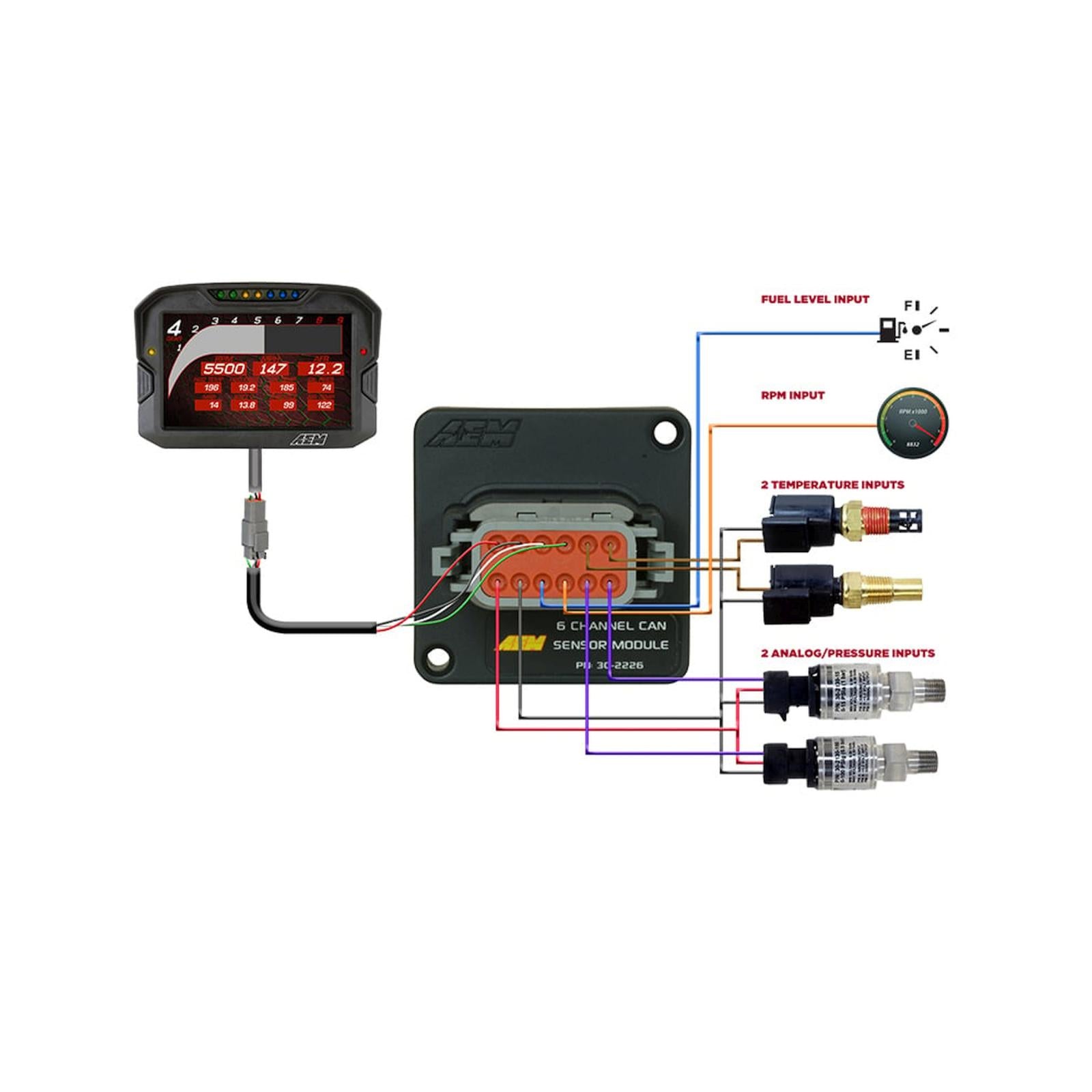AEM Electronics 30-2226 - 6 Channel CAN Module Converts two analog temp channels, two analog pressure channels, a tach input and fuel level input to AEMnet CANbus AEM Electronics 3