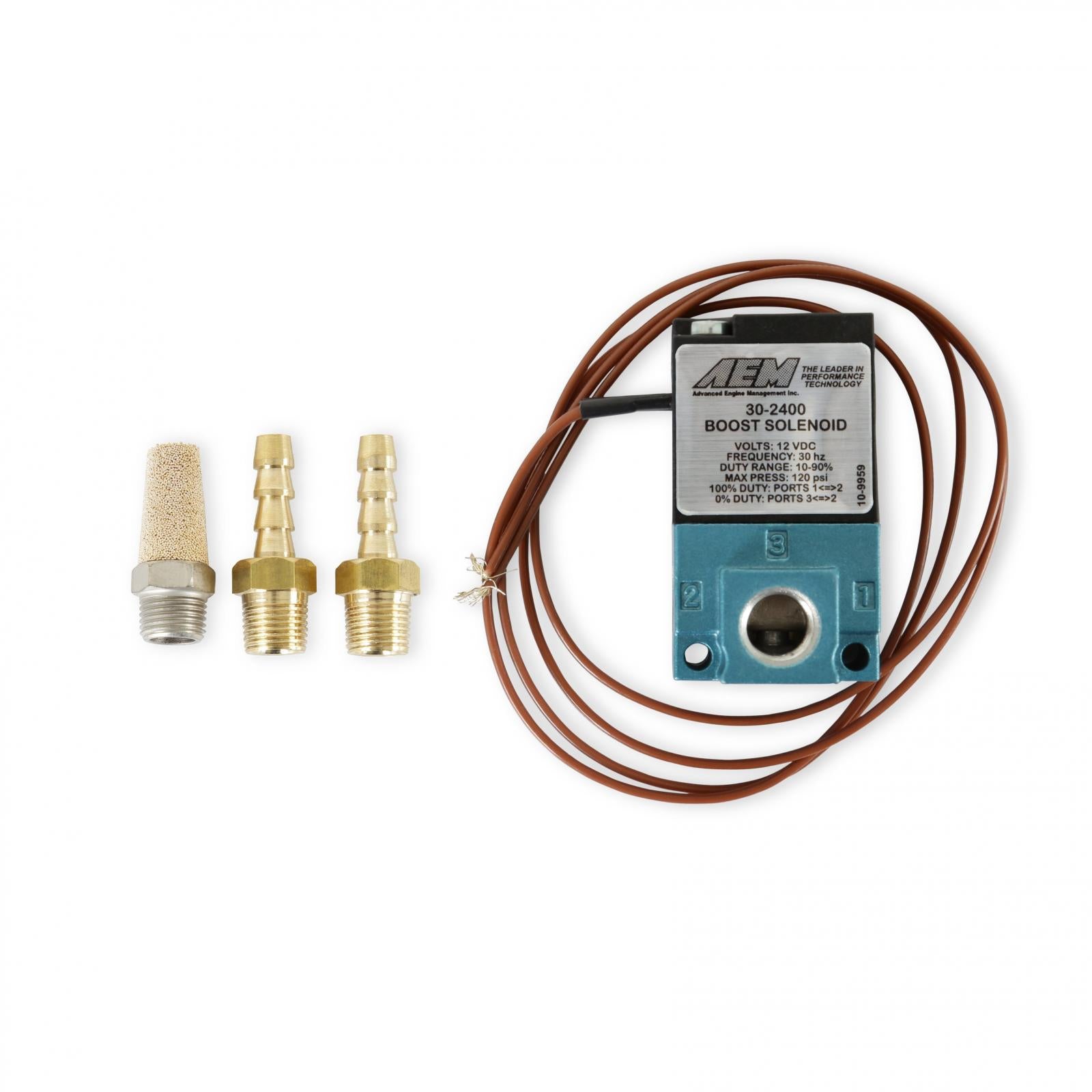 AEM Electronics 30-2400 - Boost Control Solenoid Kit 2 x 1/8 Inch NPT to 3/16 Inch Barb Adapter and Muffler AEM Electronics 2