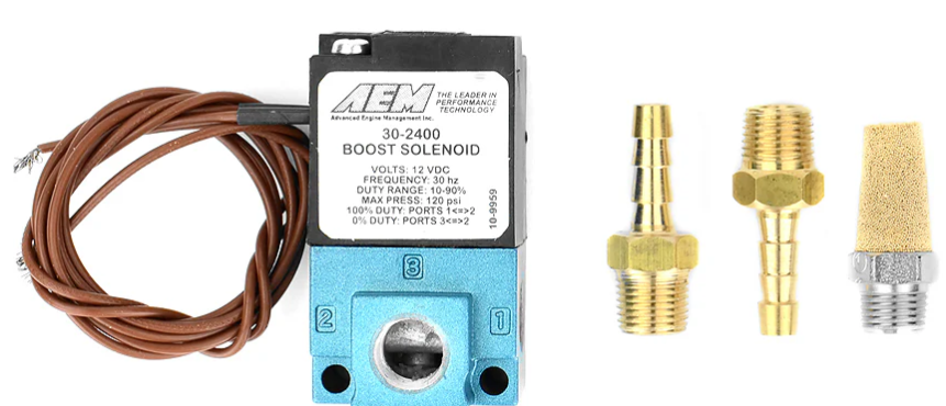AEM Electronics 30-2400 - Boost Control Solenoid Kit 2 x 1/8 Inch NPT to 3/16 Inch Barb Adapter and Muffler AEM Electronics 1