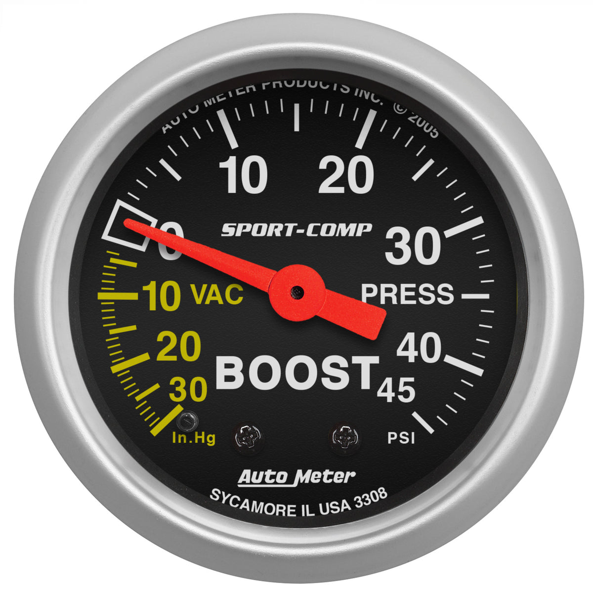AutoMeter 3308 - GAUGE, VAC/BOOST, 2 1/16", 30INHG-45PSI, MECHANICAL, SPORT-COMP 3