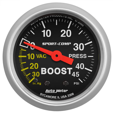 AutoMeter 3308 - GAUGE, VAC/BOOST, 2 1/16", 30INHG-45PSI, MECHANICAL, SPORT-COMP 3