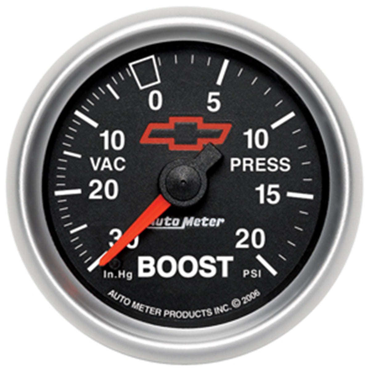 AutoMeter 3607-00406 - GAUGE, VAC/BOOST, 2 1/16", 30INHG-20PSI, MECHANICAL, CHEVY RED BOWTIE, BLACK 3