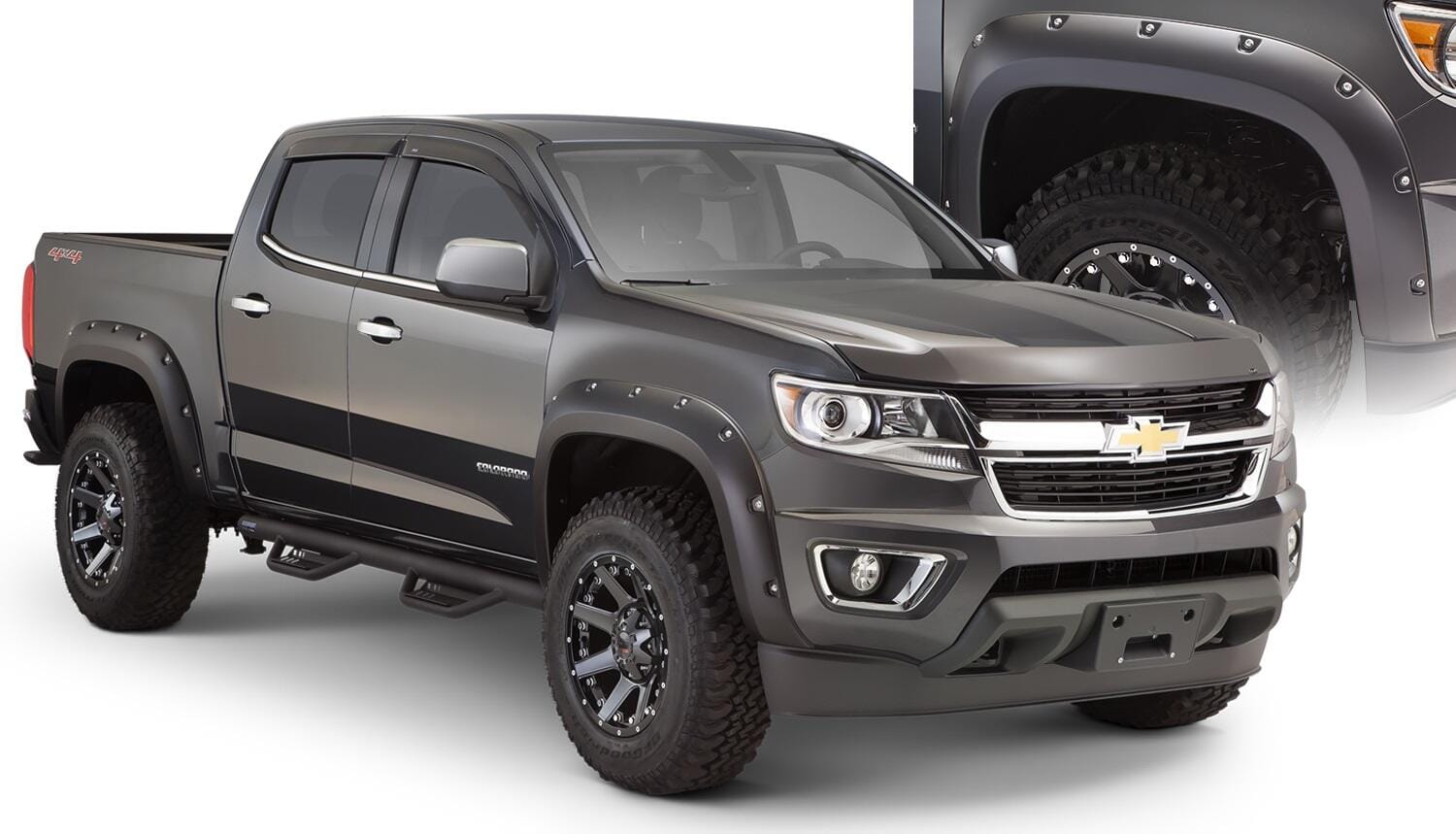 Bushwacker Body Bushwacker 40970-02 - Black Pocket/Rivet Style Smooth Finish 4-Piece Fender Flare Set For 2015-2021 Chevrolet Colorado W/74 Inch Bed Bushwacker