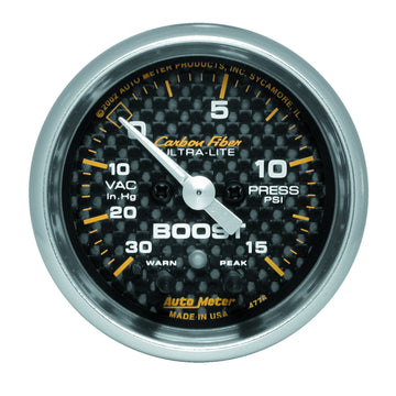 AutoMeter 4776 - GAUGE, VAC/BOOST, 2 1/16", 30INHG-15PSI, STEPPER MOTOR W/ PK & WRN, CARBON FIBER 3