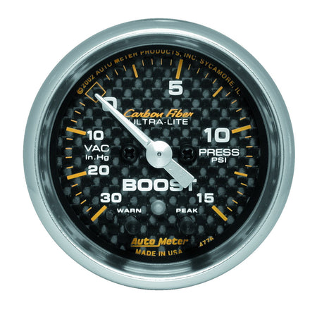 AutoMeter 4776 - GAUGE, VAC/BOOST, 2 1/16", 30INHG-15PSI, STEPPER MOTOR W/ PK & WRN, CARBON FIBER 3