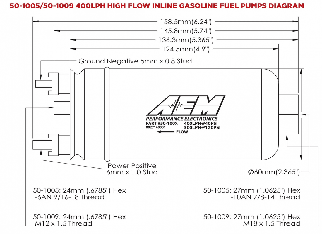 AEM Electronics Air and Fuel Delivery AEM Electronics 50-1009 - 400LPH (Metric) Inline High Flow Fuel Pump M18x1.5 Inlet M12x1.5 Outlet AEM Electronics