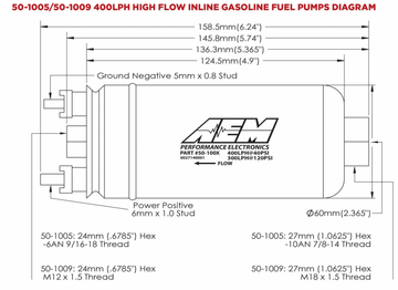 AEM Electronics Air and Fuel Delivery AEM Electronics 50-1009 - 400LPH (Metric) Inline High Flow Fuel Pump M18x1.5 Inlet M12x1.5 Outlet AEM Electronics