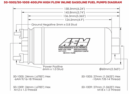 AEM Electronics 50-1009 - 400LPH (Metric) Inline High Flow Fuel Pump M18x1.5 Inlet M12x1.5 Outlet AEM Electronics 1