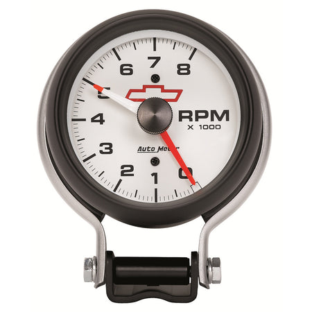 AutoMeter 5780-00406 - GAUGE, TACHOMETER, 3 3/4", 8K RPM, PEDESTAL W/ RED LINE, CHEVY RED BOWTIE, WHITE 3