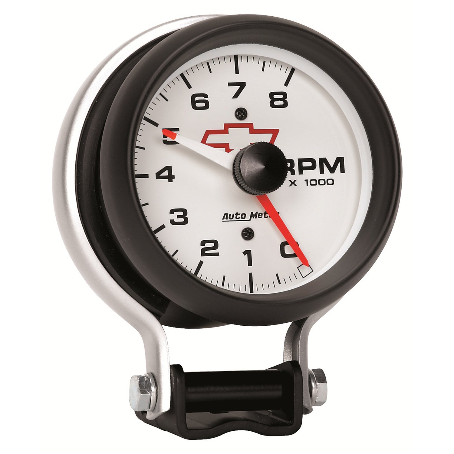 AutoMeter 5780-00406 - GAUGE, TACHOMETER, 3 3/4", 8K RPM, PEDESTAL W/ RED LINE, CHEVY RED BOWTIE, WHITE 5