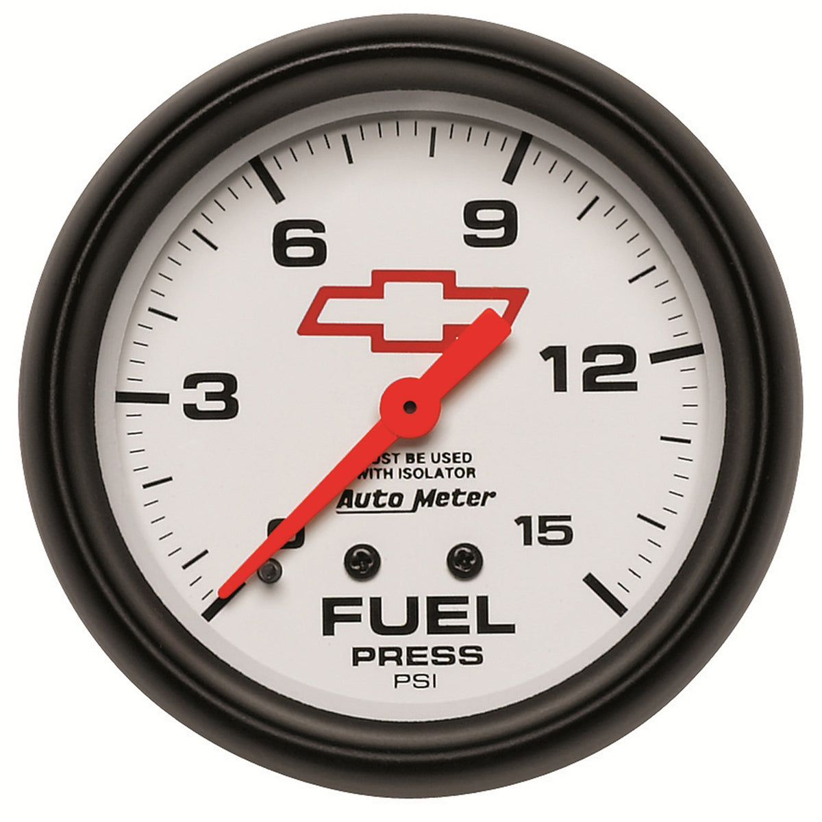 AutoMeter 5813-00406 - GAUGE, FUEL PRESS, 2 5/8", 15PSI, MECH W/ISOLATOR, CHEVY RED BOWTIE, WHITE 3