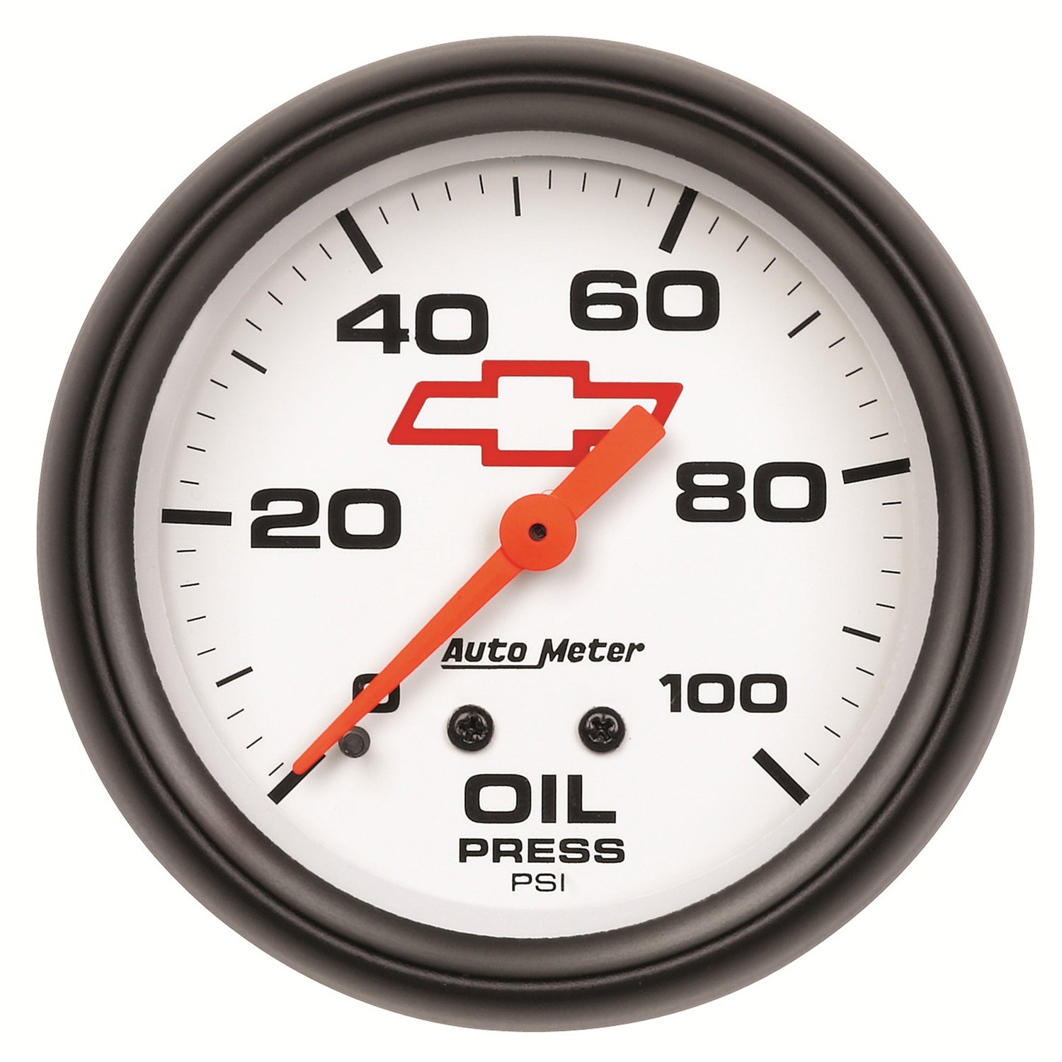 AutoMeter 5821-00406 - GAUGE, OIL PRESSURE, 2 5/8", 100PSI, MECHANICAL, CHEVY RED BOWTIE, WHITE 5