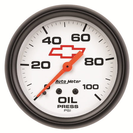 AutoMeter 5821-00406 - GAUGE, OIL PRESSURE, 2 5/8", 100PSI, MECHANICAL, CHEVY RED BOWTIE, WHITE 5