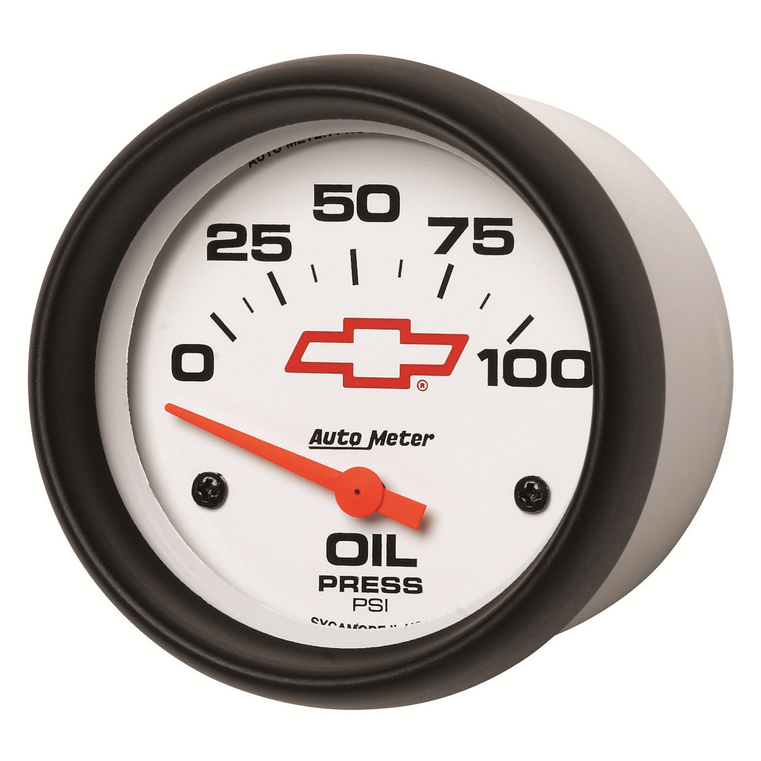 AutoMeter 5827-00406 - GAUGE, OIL PRESSURE, 2 5/8", 100PSI, ELECTRIC, CHEVY RED BOWTIE, WHITE 4