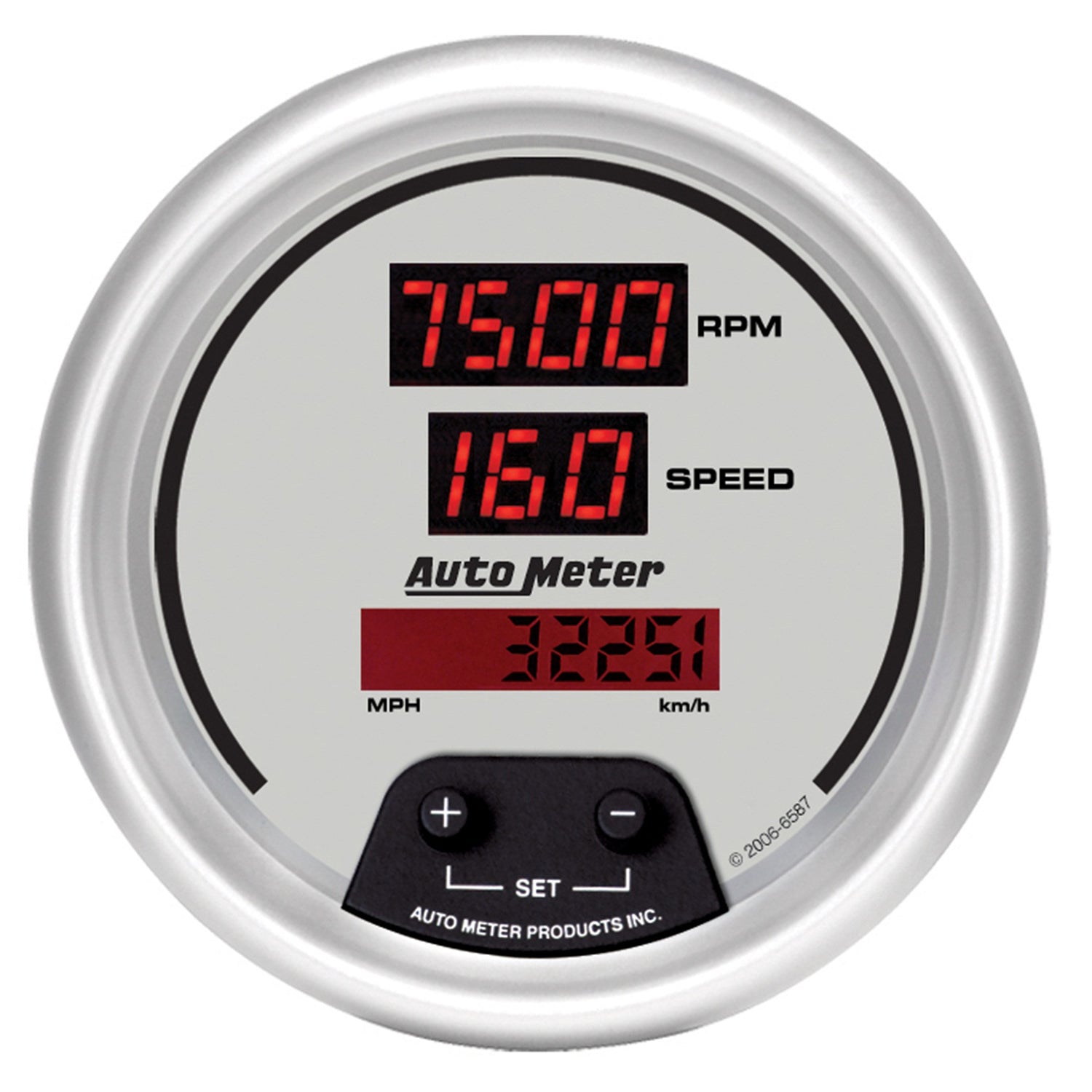 AutoMeter 6587 - GAUGE, TACH/SPEED, 3 3/8", 260MPH/260KMH/10KRPM, ELEC PRGRM, DIG, SLVR W/ RD LED 3