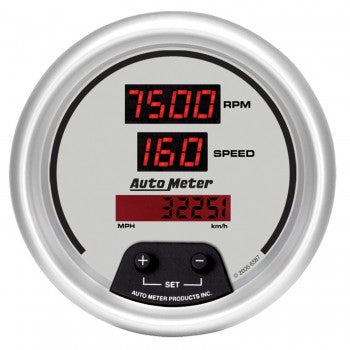 AutoMeter 6587 - GAUGE, TACH/SPEED, 3 3/8", 260MPH/260KMH/10KRPM, ELEC PRGRM, DIG, SLVR W/ RD LED 4