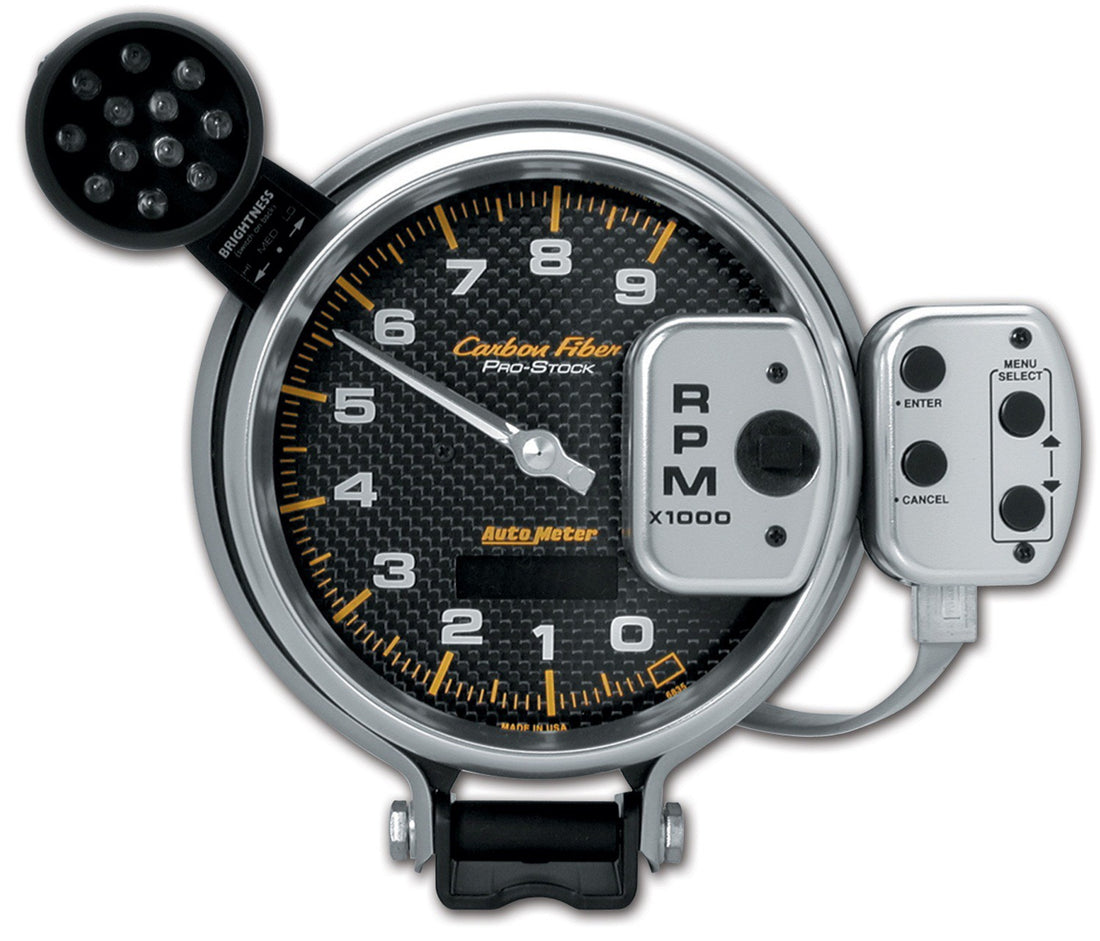 AutoMeter 6835 - GAUGE, TACH, 5", 9K RPM, PRO-STOCK PEDESTAL W/ SUPER LITE & PK MEM, CARBON FIBER 5