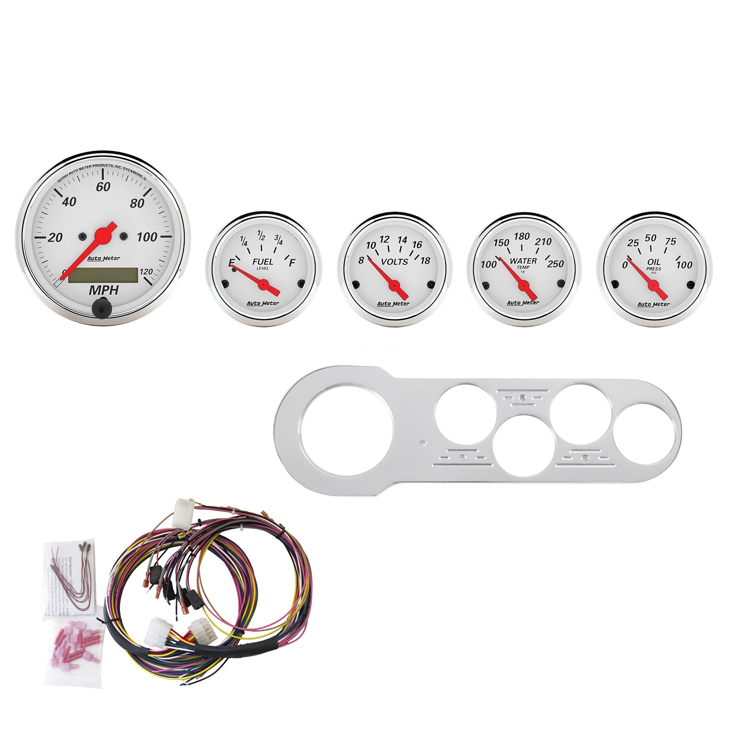 AutoMeter 7042-AW - DIRECT FIT DASH KIT, CHEVY CAR 53-54, MPH/FUEL/OILP/WTMP/BAT, AW 3