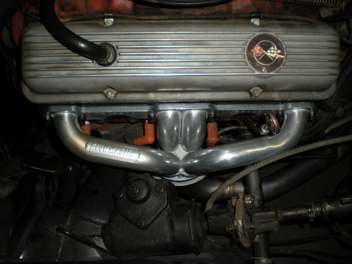 Flowmaster 814120 - Scavenger Series Elite Header Fits 1957-1974 Corvette, Universal Center Dump, 327/350, V8, Shorty Headers 1-5/8 inch Primary 16 Gauge Tubing 3/8 Inch Flange Silver Ceramic Coating Carb Eo D-698, 409S Stainless Steel Flowmaster 1