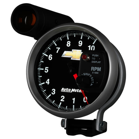 AutoMeter 880445 - GAUGE, TACH, 5", 10K RPM, PEDESTAL W/ EXT. SHIFT-LITE, CHEVY GOLD BOWTIE 5