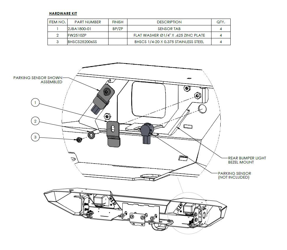 LoD Offroad JBA1801 - JL Rear Bumper Parking Sensor Mounting Kit 3