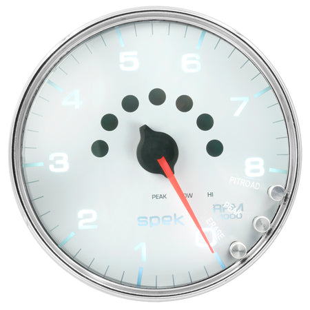 AutoMeter P23811 - GAUGE, TACHOMETER, 5", 8K RPM, W/SHIFT LIGHT & PEAK MEM, WHITE/CHROME, SPEK-PRO 4