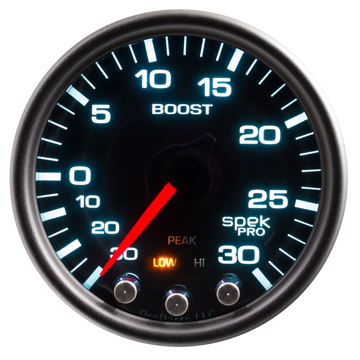 AutoMeter P30252 - GAUGE, VAC/BOOST, 2 1/16", 30INHG-30PSI, STEPPER MTR W/PK & WRN, BK/SMK/BK, SPEK 3
