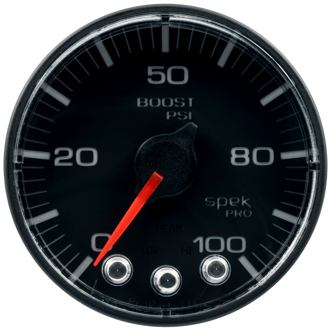 AutoMeter P305328 - GAUGE, BOOST, 2 1/16", 100PSI, STEPPER MOTOR W/PEAK & WARN, BLK/BLK, SPEK-PRO