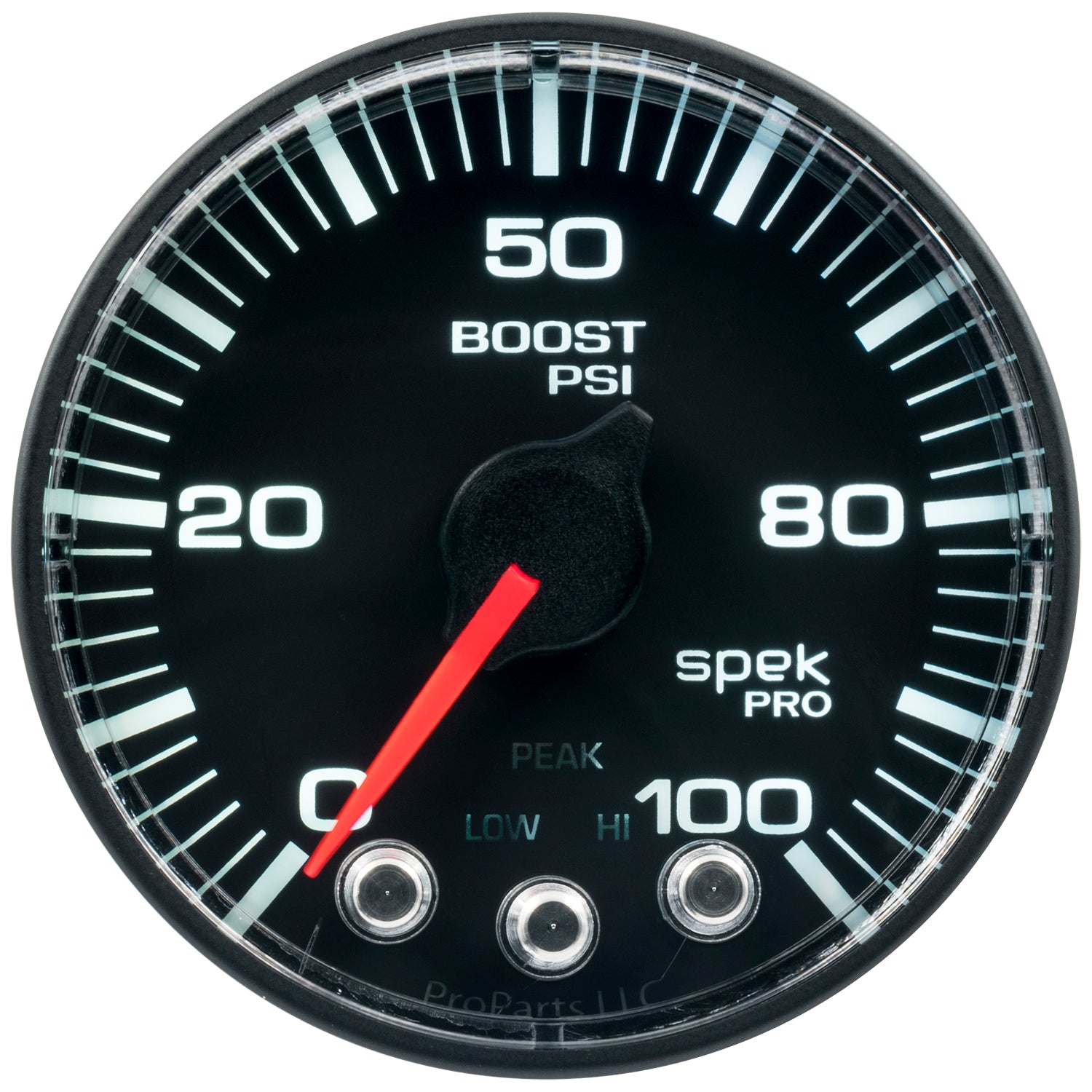 AutoMeter P305328 - GAUGE, BOOST, 2 1/16", 100PSI, STEPPER MOTOR W/PEAK & WARN, BLK/BLK, SPEK-PRO