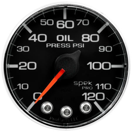 AutoMeter P325318 - GAUGE, OIL PRESS, 2 1/16", 120PSI, STEPPER MOTOR W/PEAK & WARN, BLK/CHRM, SPEK 4