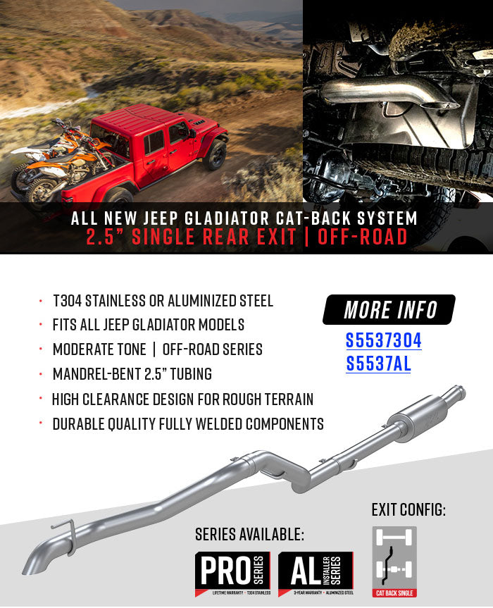 MBRP S5537AL - Jeep Cat Back Exhaust System Off-Road Single Rear Exit Armor Lite Series For 20-Up Jeep Gladiator 3.6L MBRP