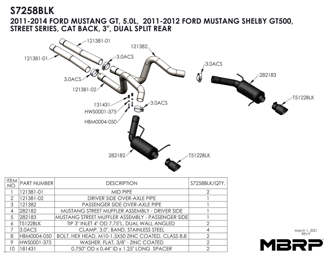 MBRP S7258BLK 3in Cat Back Exhaust Dual Split Rear Street Version Armor BLK