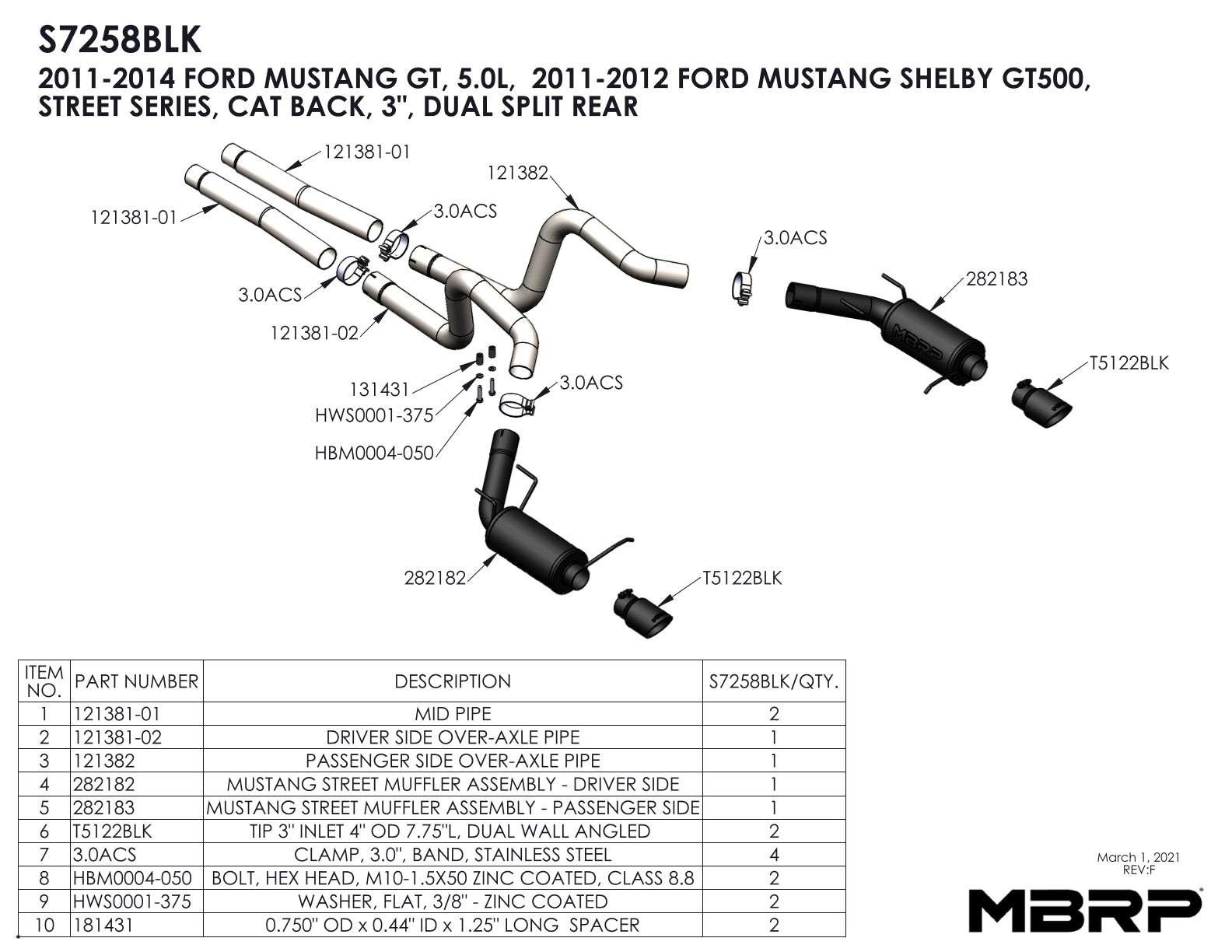 MBRP S7258BLK 3in Cat Back Exhaust Dual Split Rear Street Version Armor BLK